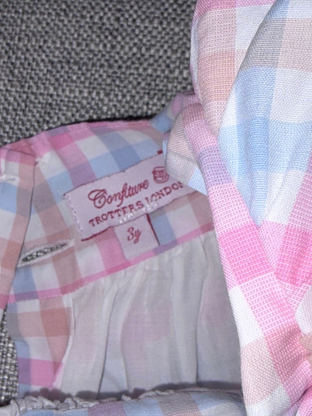 Trotters Pink Blue Cream Checked Smocked Flutter Dress - Picture 3 of 3